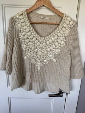 Pronto Embellished Knit Sweater | Statement Gem Neckline | Cream Beige
